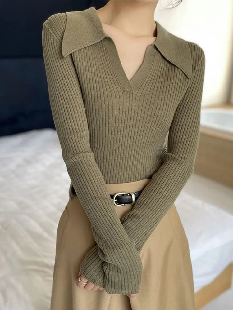 Chicmy Beautiful Women's Blouses Polo Collar Knit Long Sleeve Shirts Female Spring Solid Colour Slim Elegant Womens Tops And Blouses