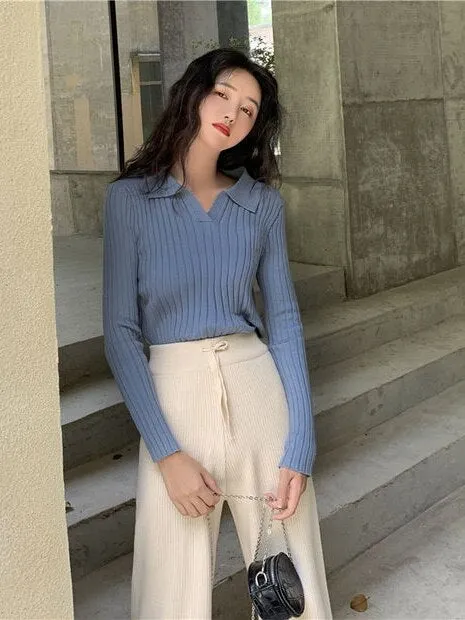 Chicmy Beautiful Women's Blouses Polo Collar Knit Long Sleeve Shirts Female Spring Solid Colour Slim Elegant Womens Tops And Blouses