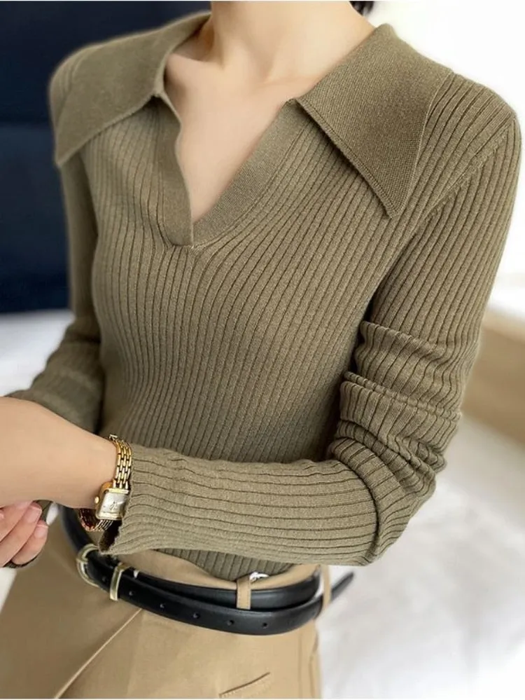 Chicmy Beautiful Women's Blouses Polo Collar Knit Long Sleeve Shirts Female Spring Solid Colour Slim Elegant Womens Tops And Blouses