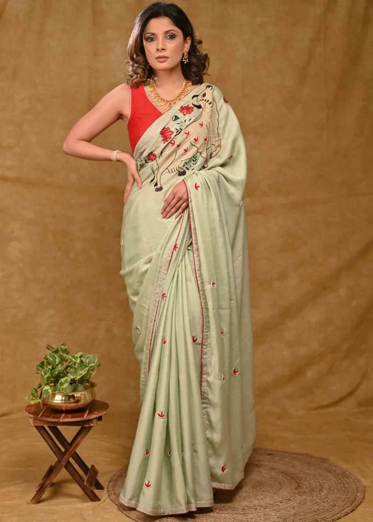 Chinnon Green Saree With Delicate Pichwai Cow Embroidery