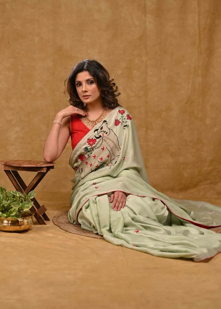 Chinnon Green Saree With Delicate Pichwai Cow Embroidery