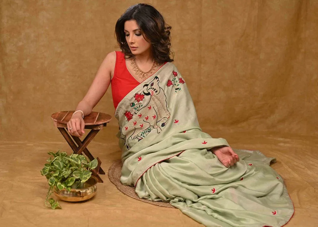 Chinnon Green Saree With Delicate Pichwai Cow Embroidery