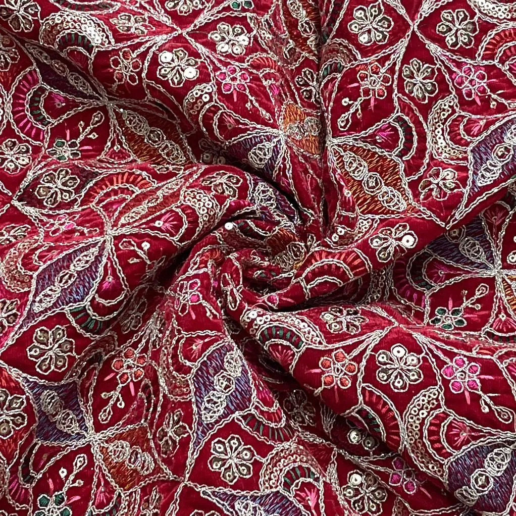 Classic Red Traditional Sequins Embroidery Velvet Fabric 14884