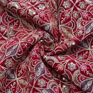Classic Red Traditional Sequins Embroidery Velvet Fabric 14884