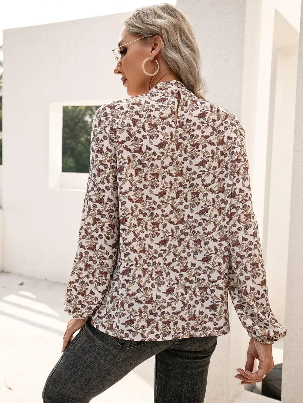 Cool Fashionista Floral Mock Neck Long Sleeve Blouse