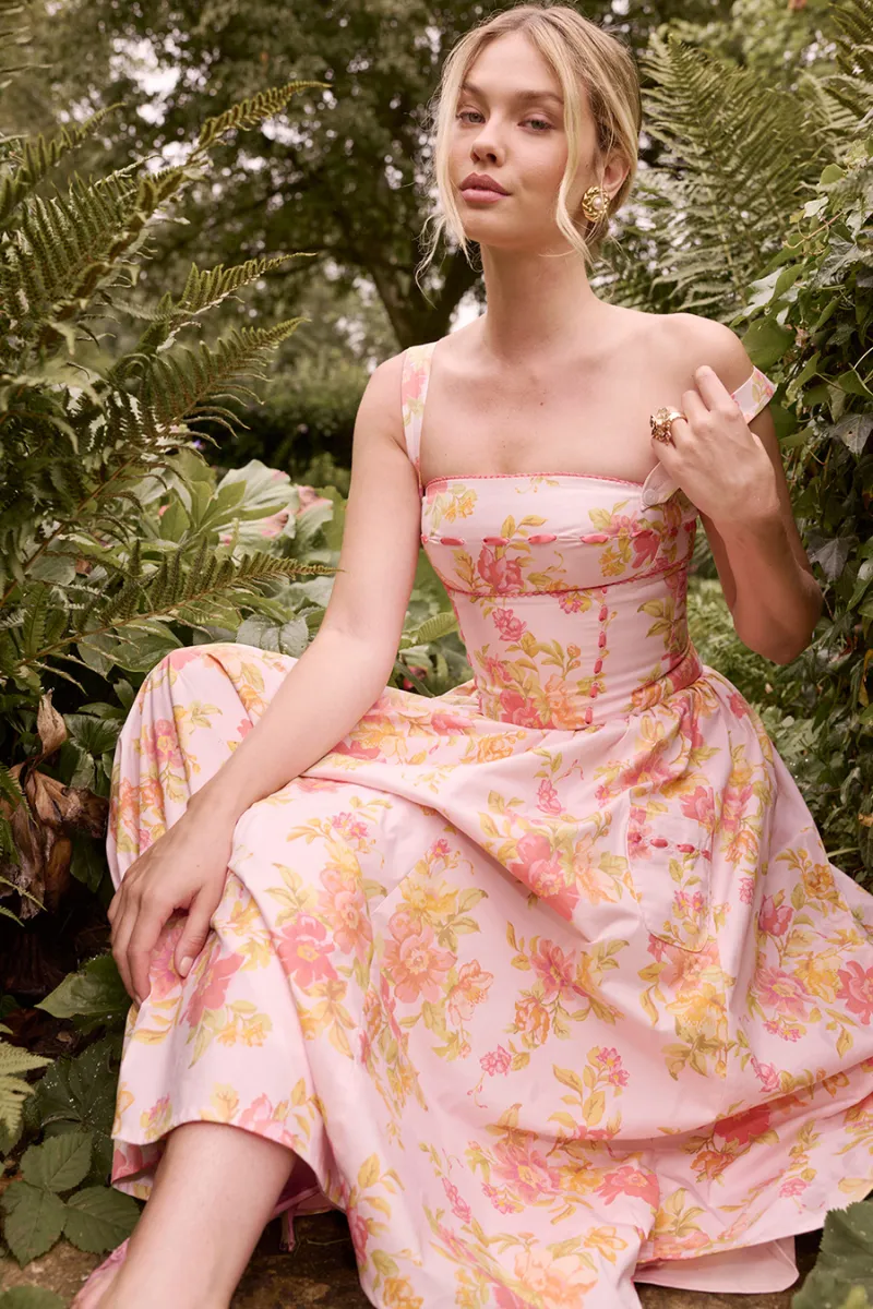 Cyble Peach Poppy Print Midi Dress