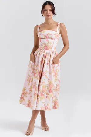 Cyble Peach Poppy Print Midi Dress