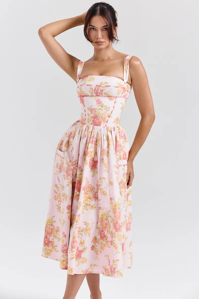Cyble Peach Poppy Print Midi Dress