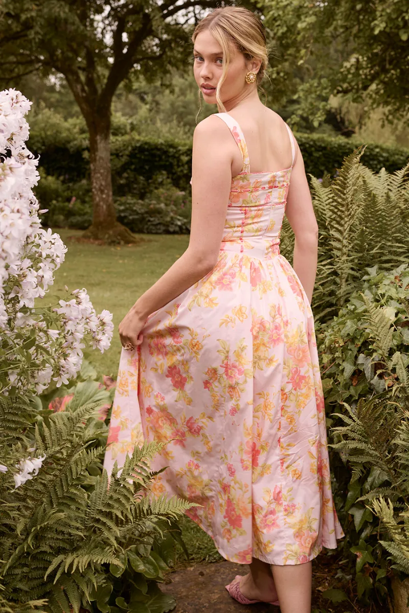 Cyble Peach Poppy Print Midi Dress