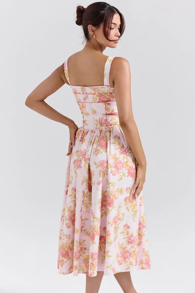 Cyble Peach Poppy Print Midi Dress