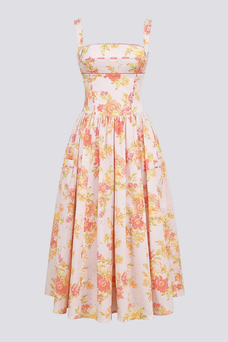 Cyble Peach Poppy Print Midi Dress