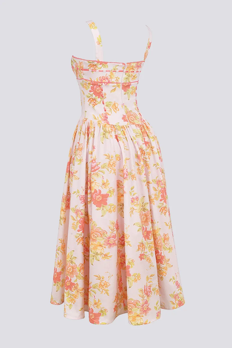 Cyble Peach Poppy Print Midi Dress