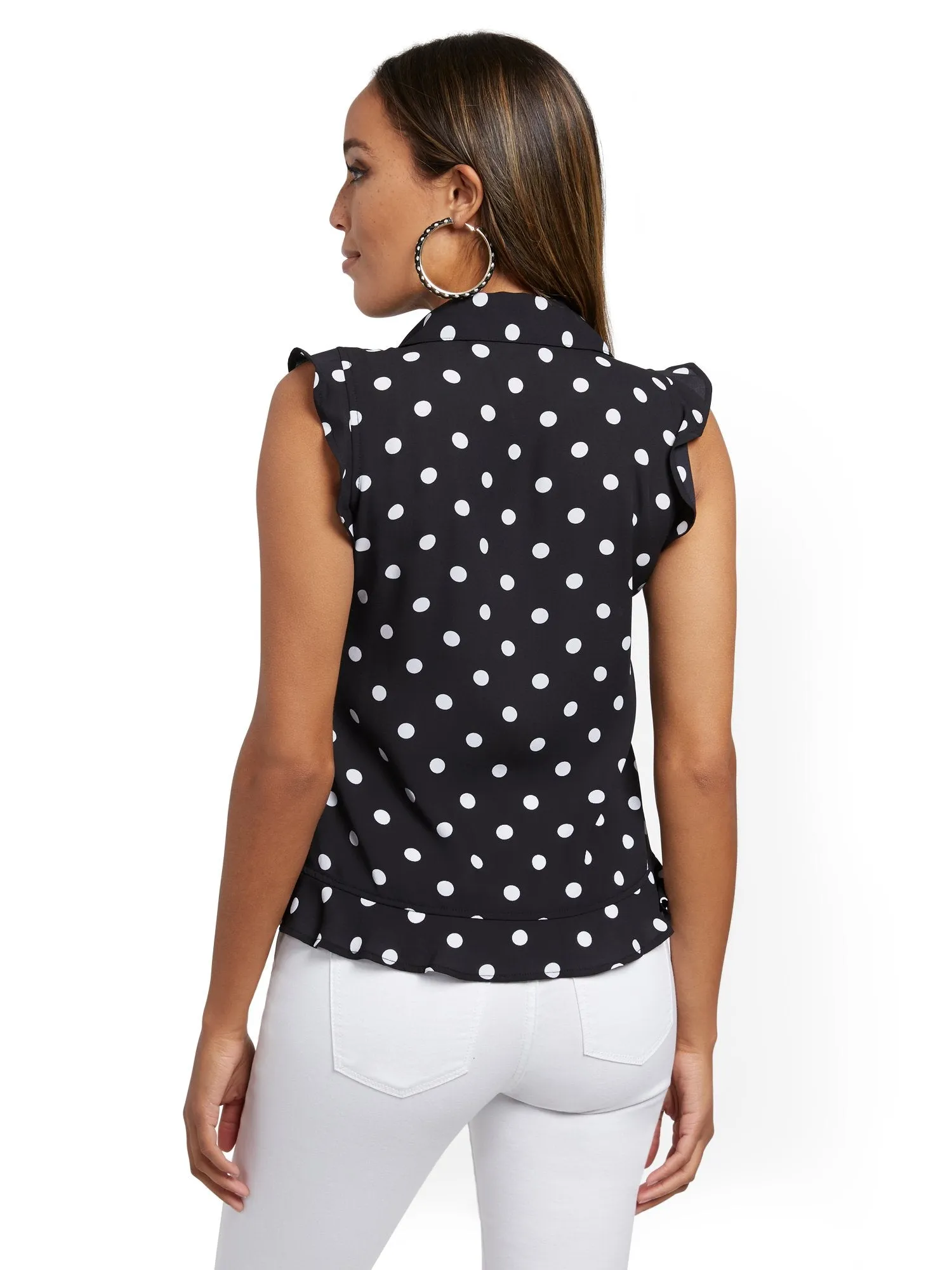 Dot-Print Flounced-Hem Blouse