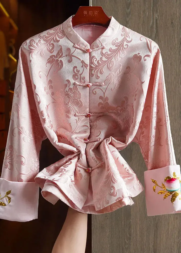 Elegant Pink Stand Collar Embroideried Silk Coat Long Sleeve ML1413
