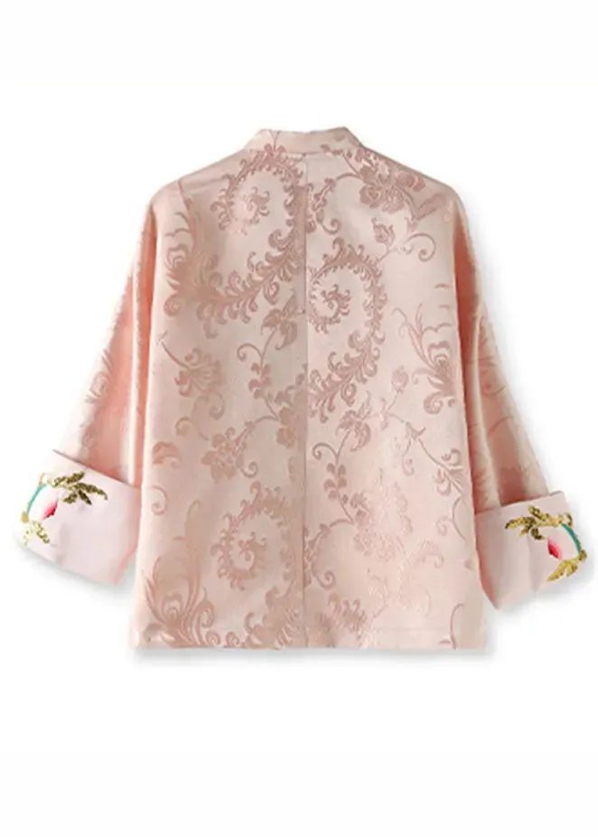 Elegant Pink Stand Collar Embroideried Silk Coat Long Sleeve ML1413