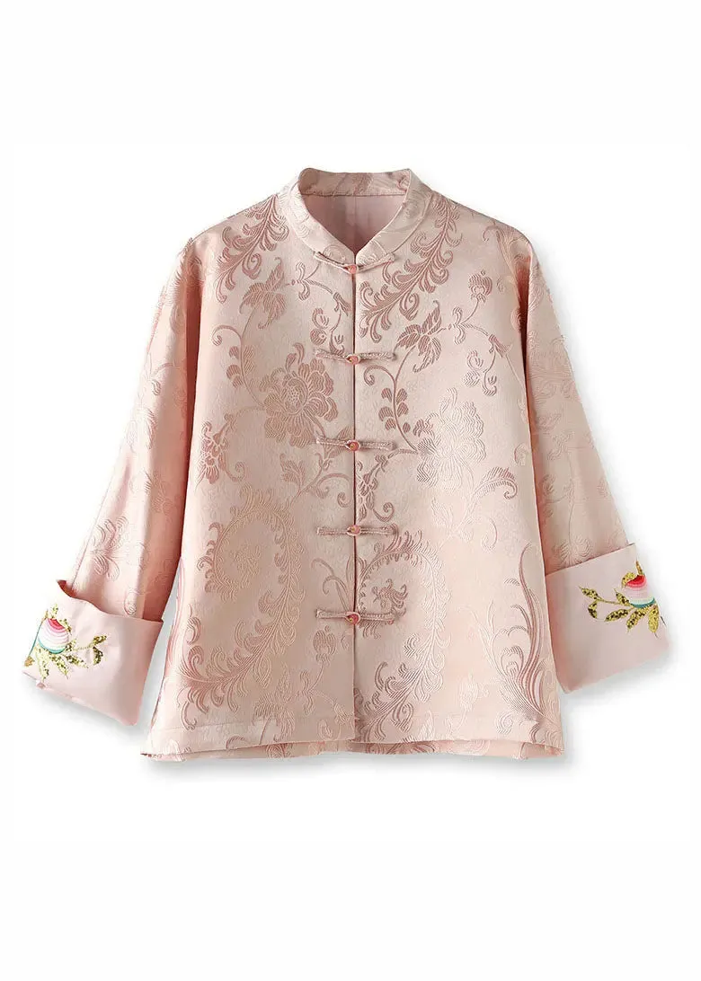 Elegant Pink Stand Collar Embroideried Silk Coat Long Sleeve ML1413