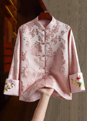 Elegant Pink Stand Collar Embroideried Silk Coat Long Sleeve ML1413