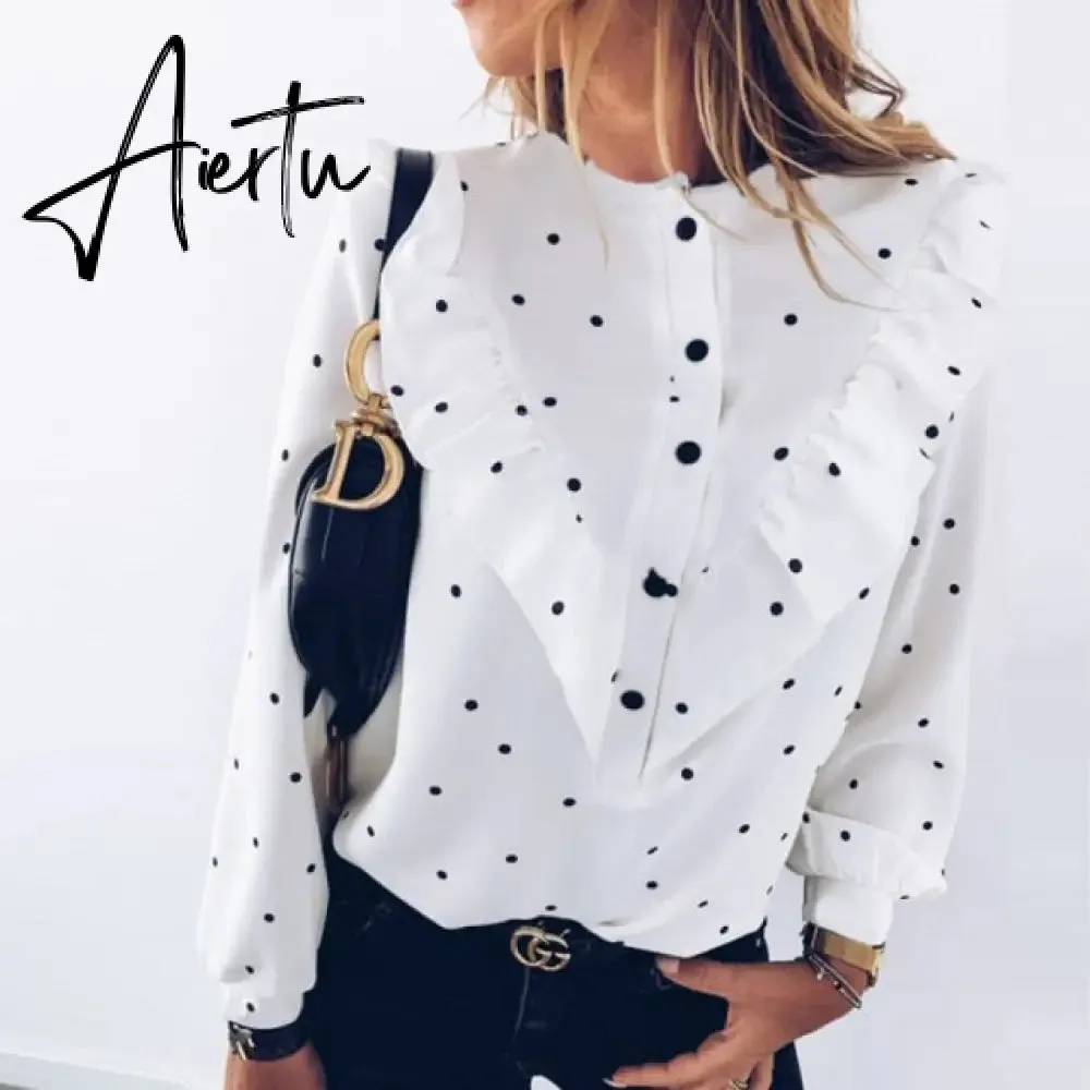 Elegant Print Ruffle Buttons Shirt Blouse Women O Neck Pullover Tops Blusa Spring Autumn Long Sleeve Polka Dot Blouse Streetwear