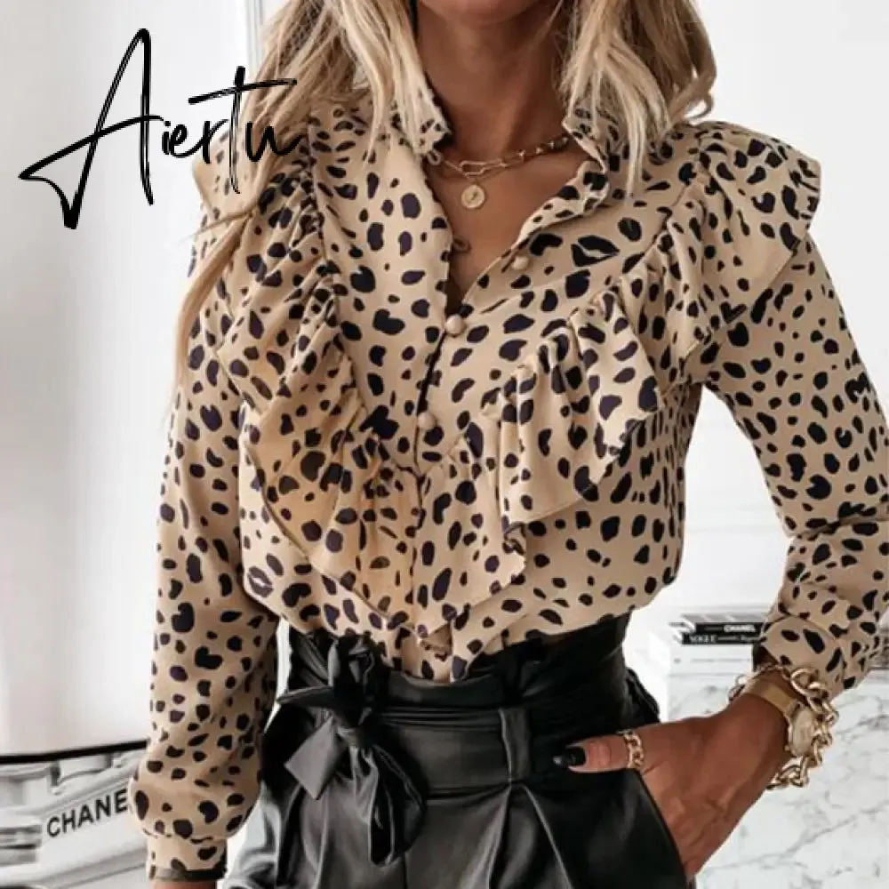 Elegant Print Ruffle Buttons Shirt Blouse Women O Neck Pullover Tops Blusa Spring Autumn Long Sleeve Polka Dot Blouse Streetwear