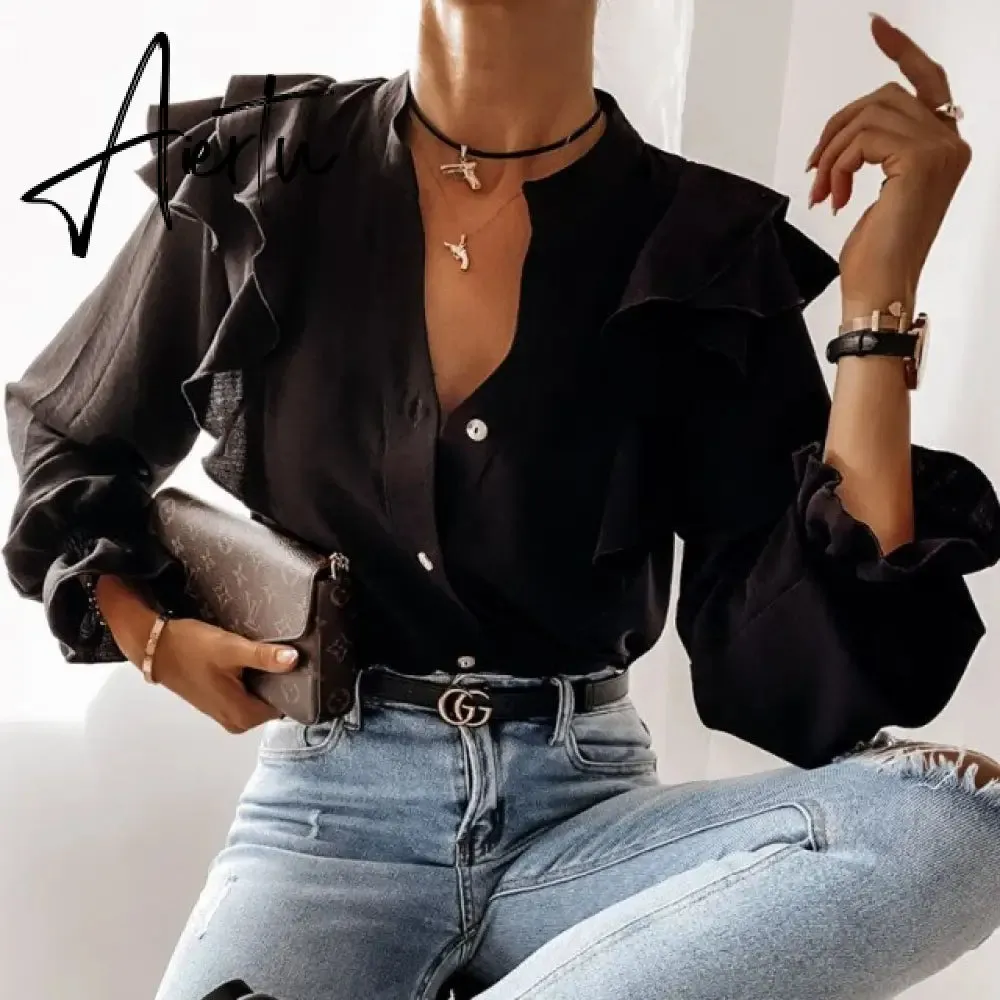 Elegant Print Ruffle Buttons Shirt Blouse Women O Neck Pullover Tops Blusa Spring Autumn Long Sleeve Polka Dot Blouse Streetwear