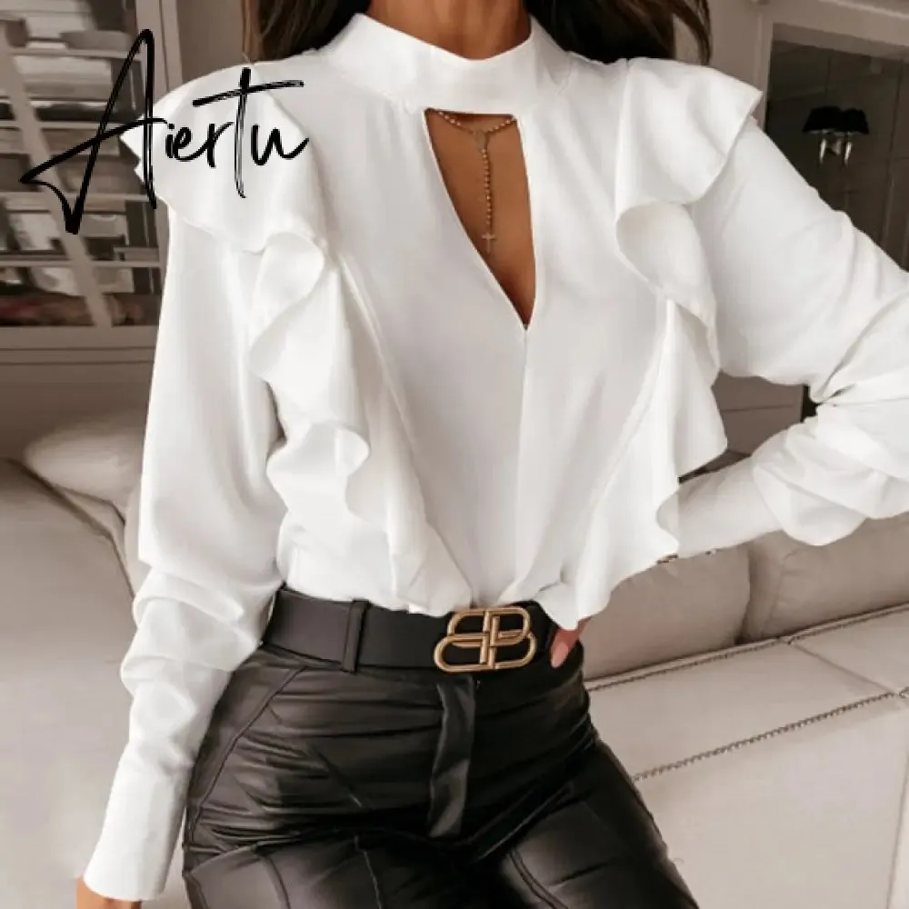 Elegant Print Ruffle Buttons Shirt Blouse Women O Neck Pullover Tops Blusa Spring Autumn Long Sleeve Polka Dot Blouse Streetwear