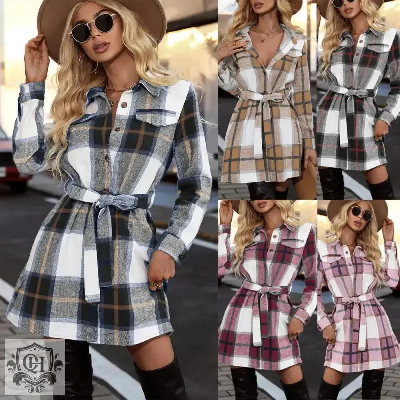 Elegant Striped Plaid Long-Sleeved Coat