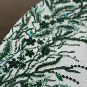 Emerald Green Sequined Embroidered Lace Fabric - Glamorous Sheer Design