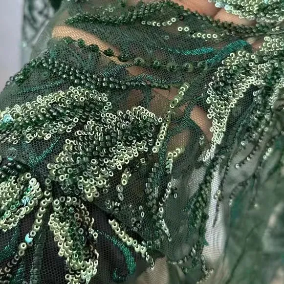Emerald Green Sequined Embroidered Lace Fabric - Glamorous Sheer Design