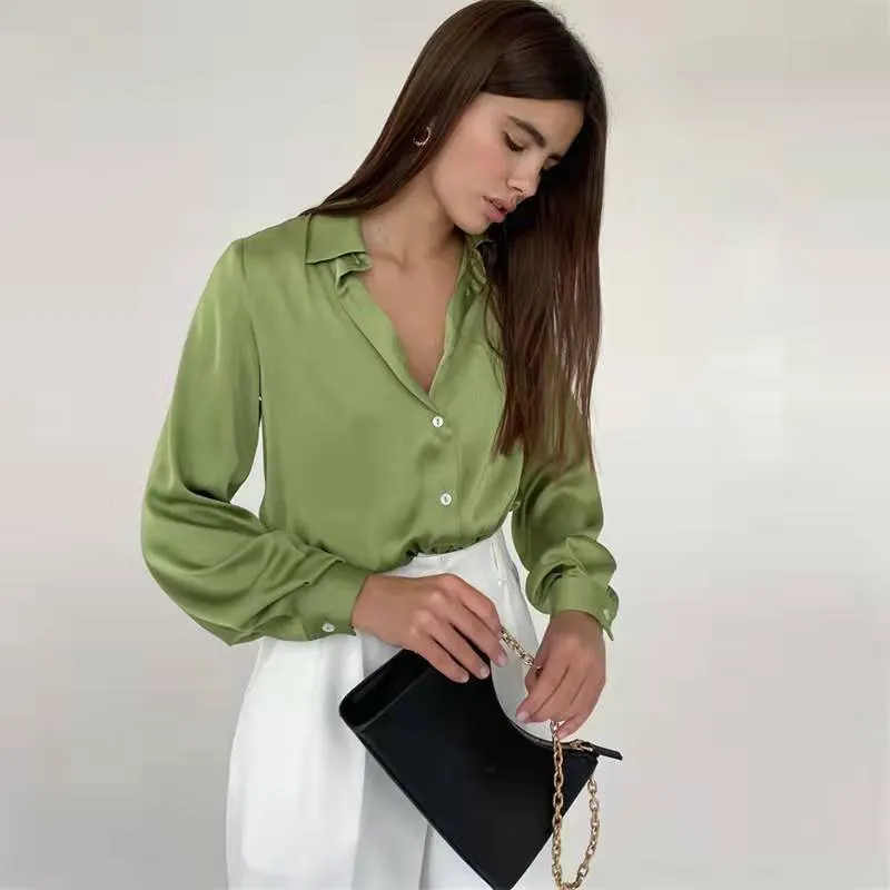 FashionSierra - Elegant Long Sleeve Green Silk Blouse