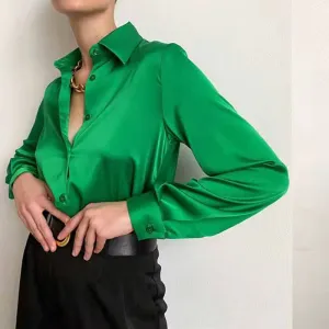 FashionSierra - Elegant Long Sleeve Green Silk Blouse