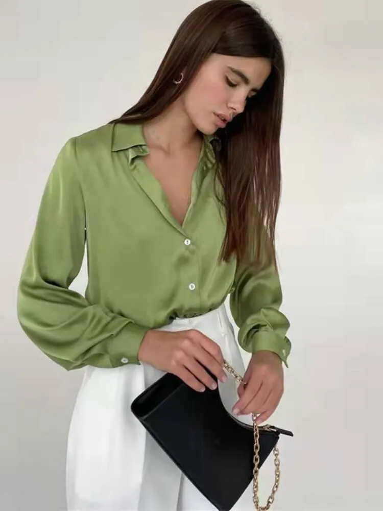 FashionSierra - Elegant Long Sleeve Green Silk Blouse