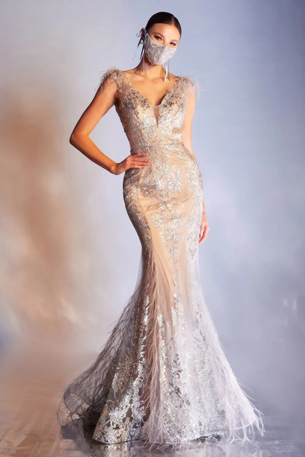 Feather Embellishment Long Prom Gown C57