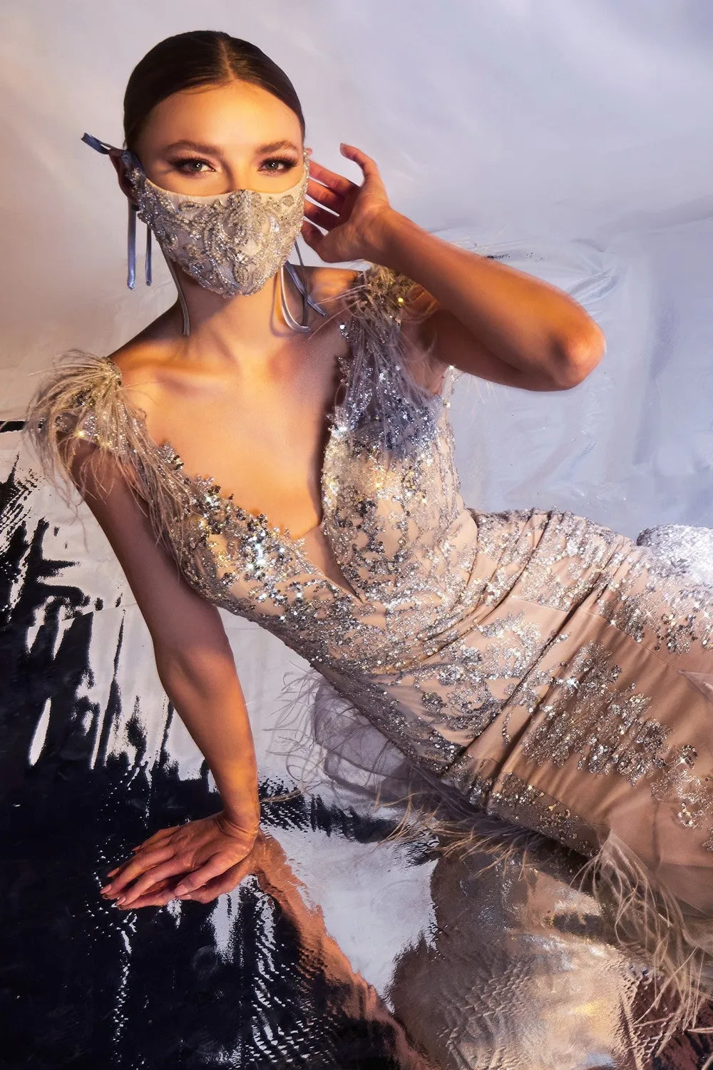 Feather Embellishment Long Prom Gown C57