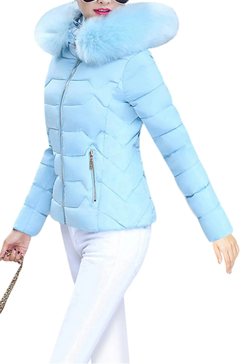 FLITAY Womens Long Sleeve Thicken Down Jacket Quilted Warm Parka Jackets With Faux Fur Hood