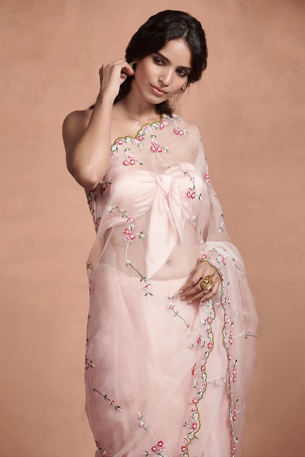 Floral Embroidery Powder Pink Organza Saree