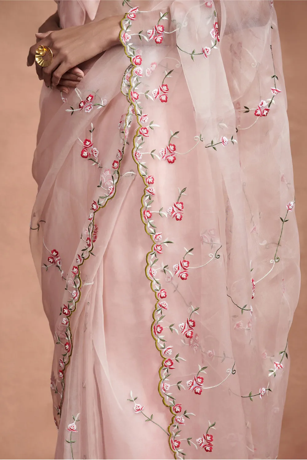 Floral Embroidery Powder Pink Organza Saree