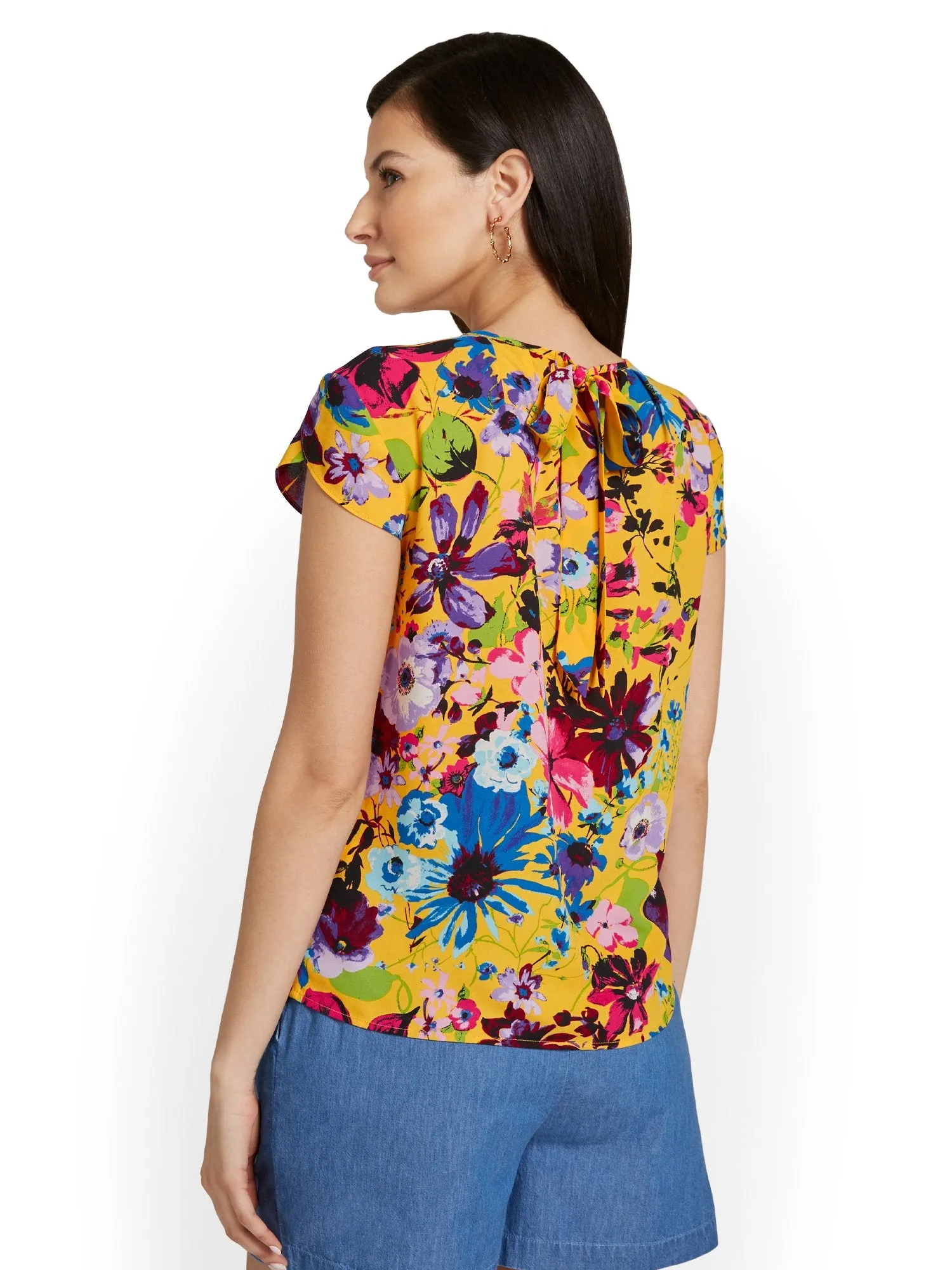 Floral-Print Keyhole Cut-Out Top