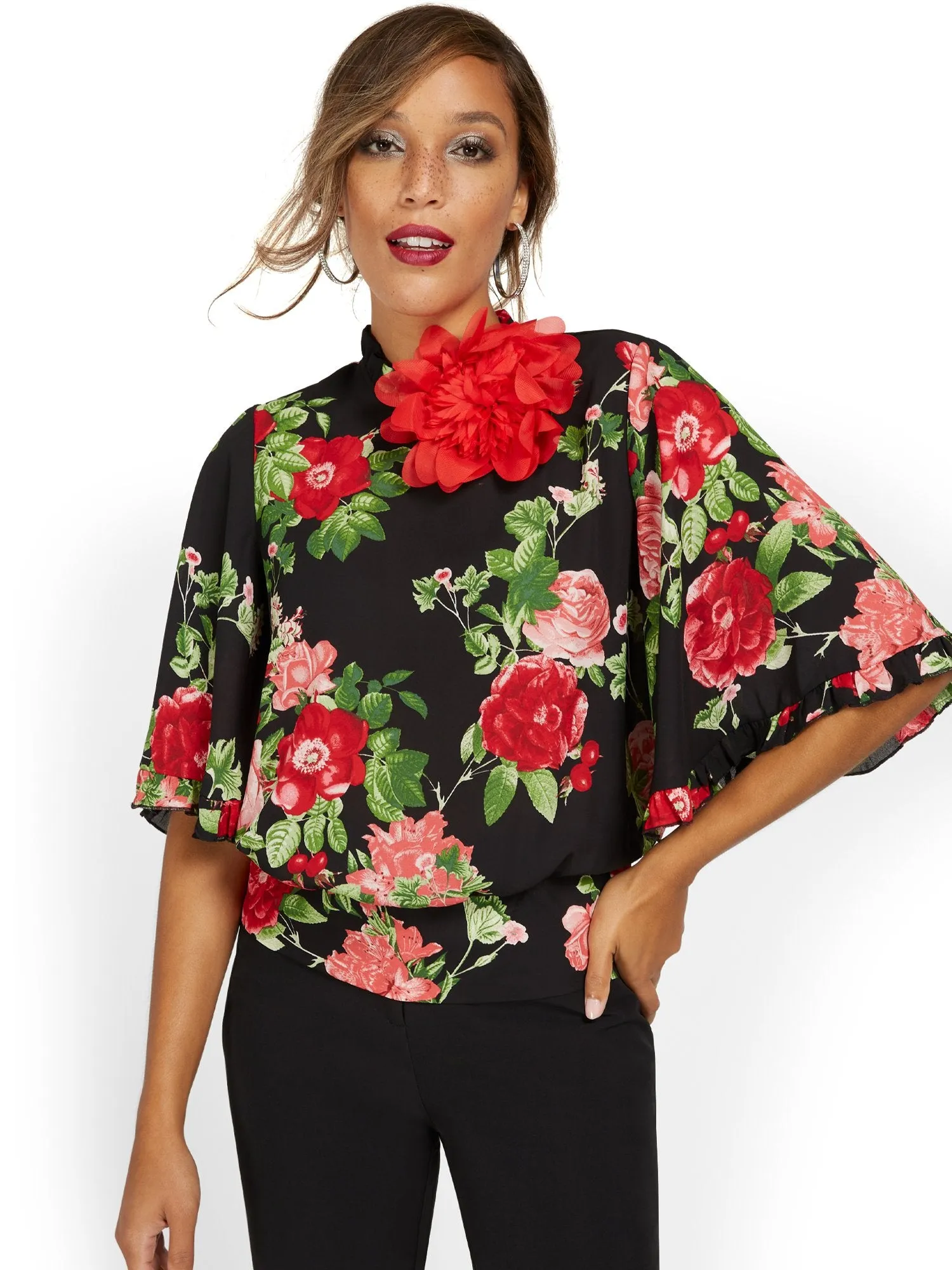 Floral-Print Ruffle-Sleeve Blouse