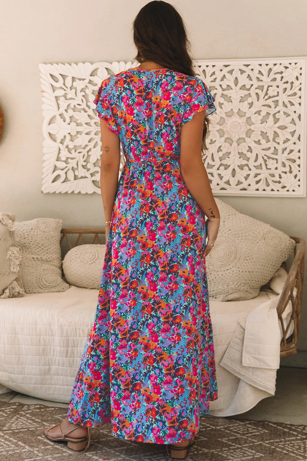 Floral Print V-Neck Wrap Split Maxi Dress