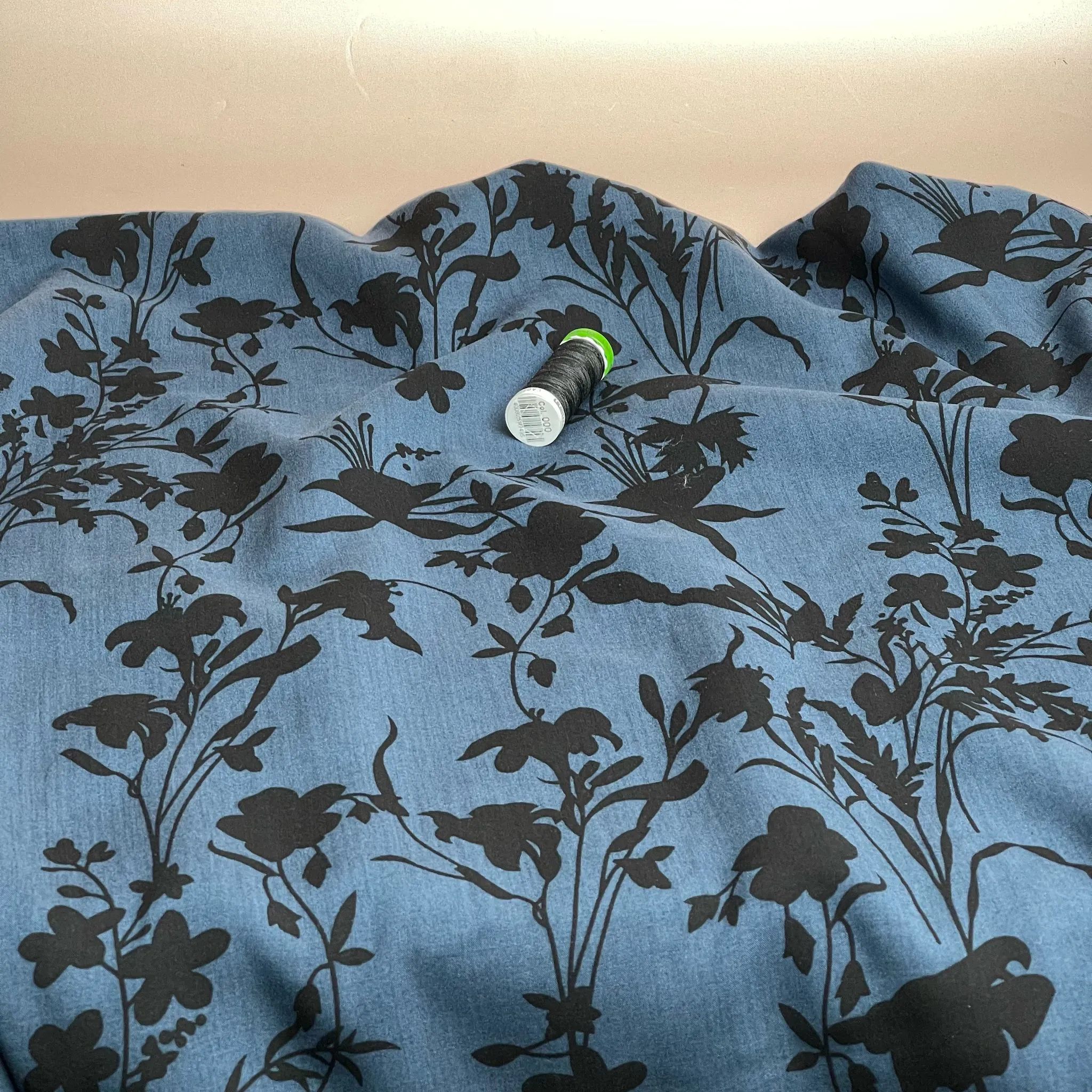 Floral Shadows on Midnight Blue Viscose Fabric