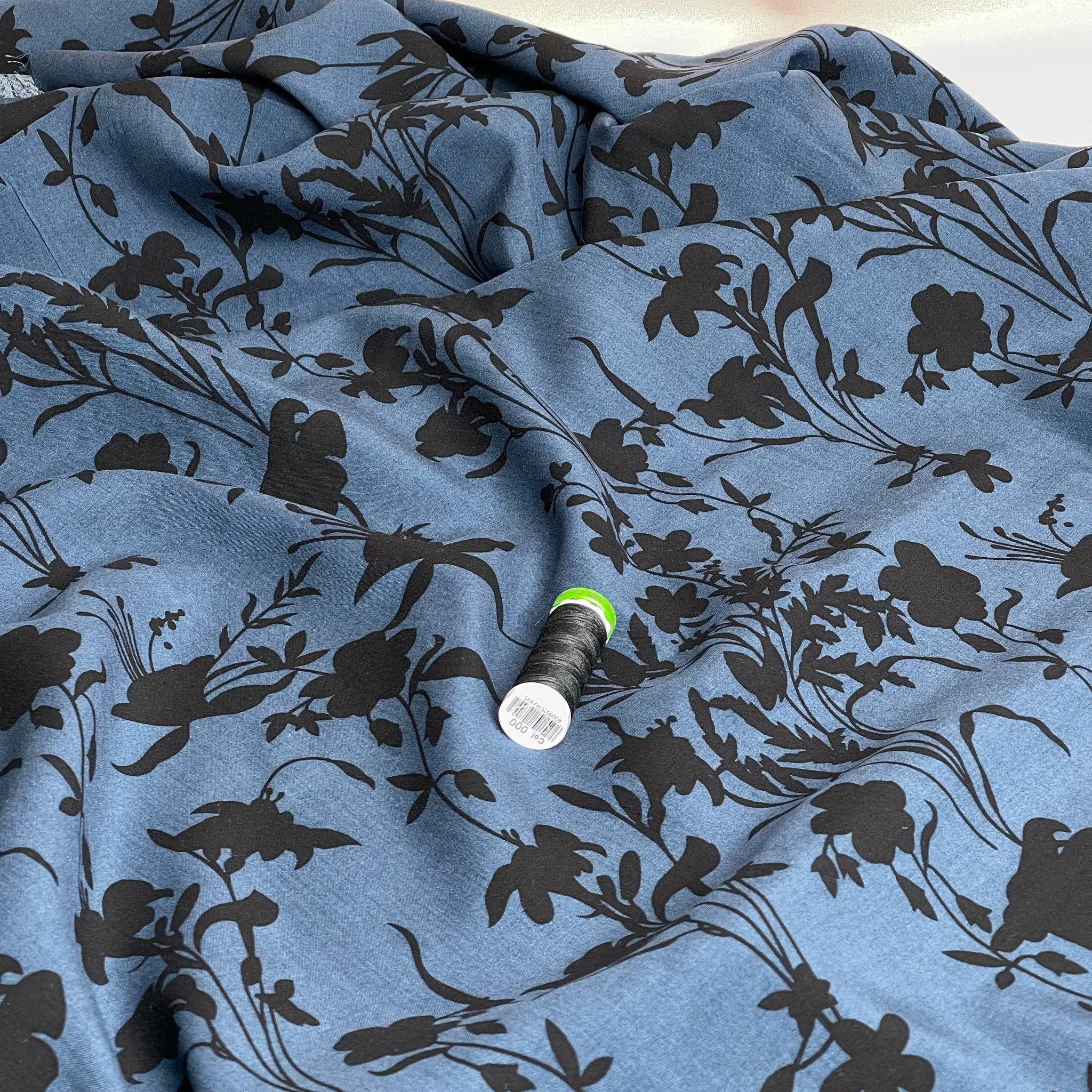 Floral Shadows on Midnight Blue Viscose Fabric