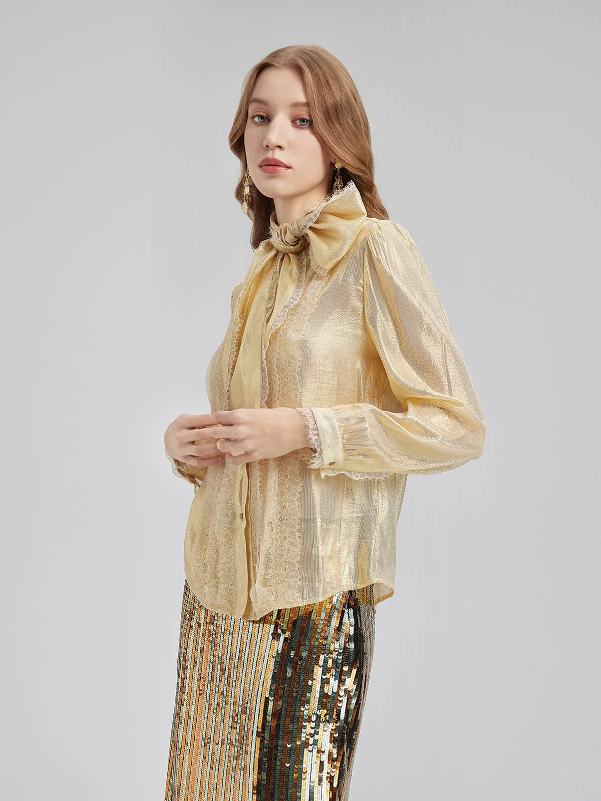 Gold Thread Lace Tie Neck Blouse
