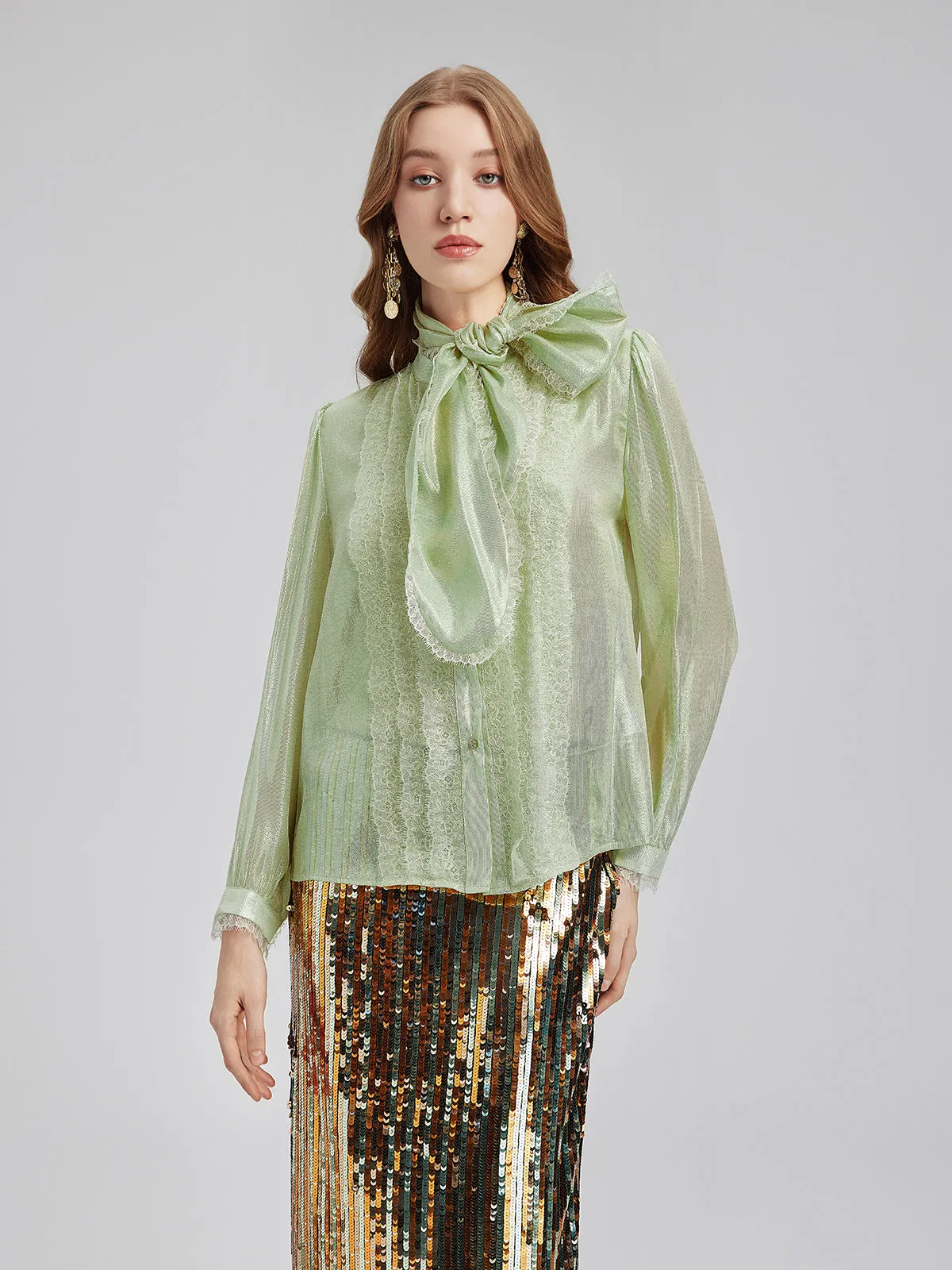 Gold Thread Lace Tie Neck Blouse