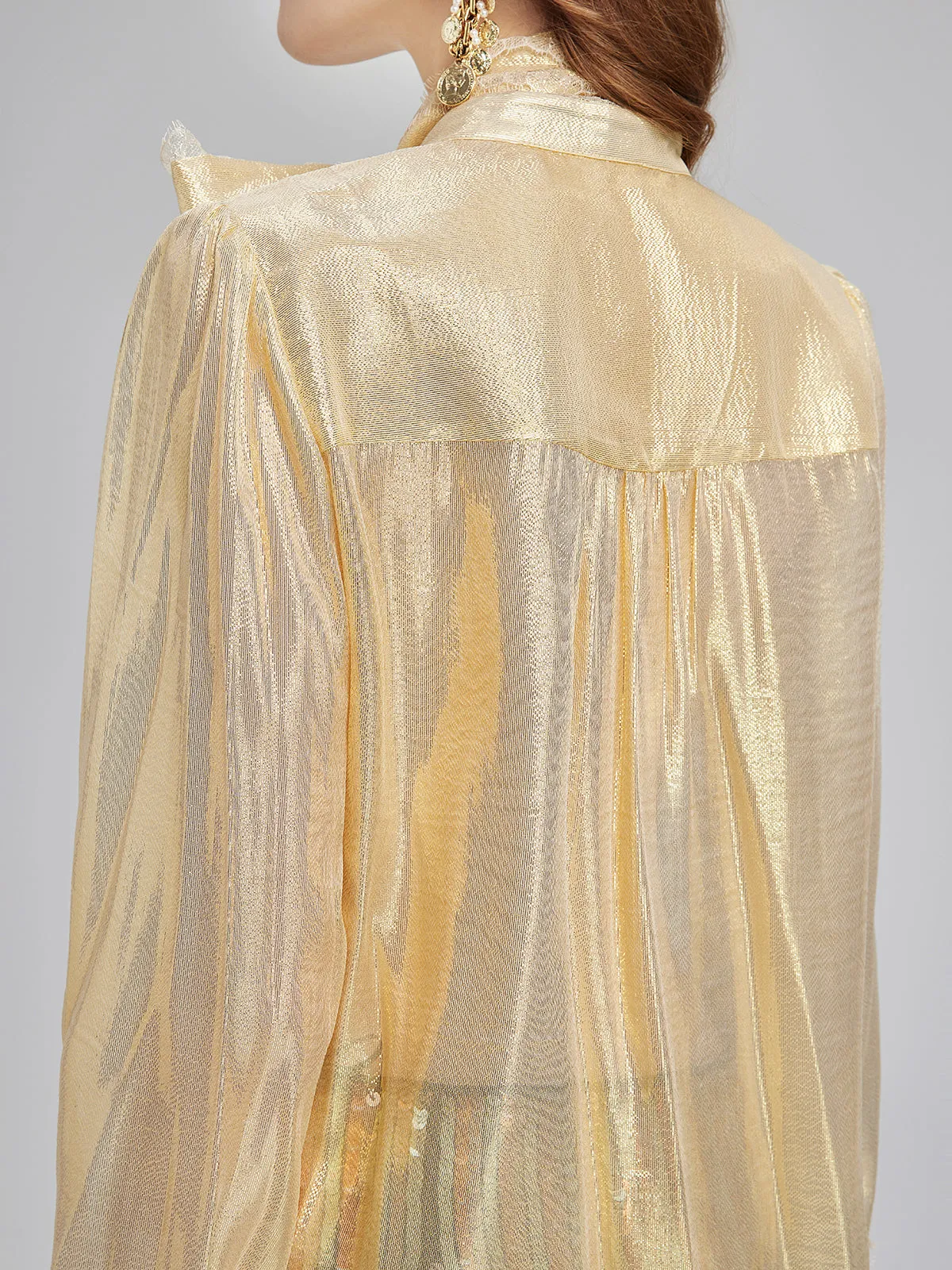 Gold Thread Lace Tie Neck Blouse