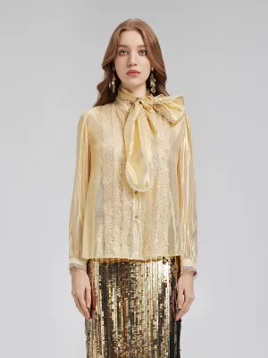 Gold Thread Lace Tie Neck Blouse