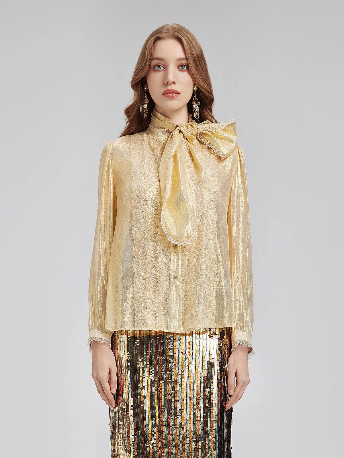 Gold Thread Lace Tie Neck Blouse