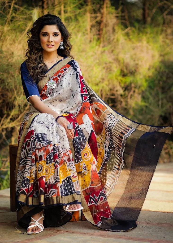 HAND BATIK PURE CHANDERI SAREE WITH ABSTRACT DESIGNS