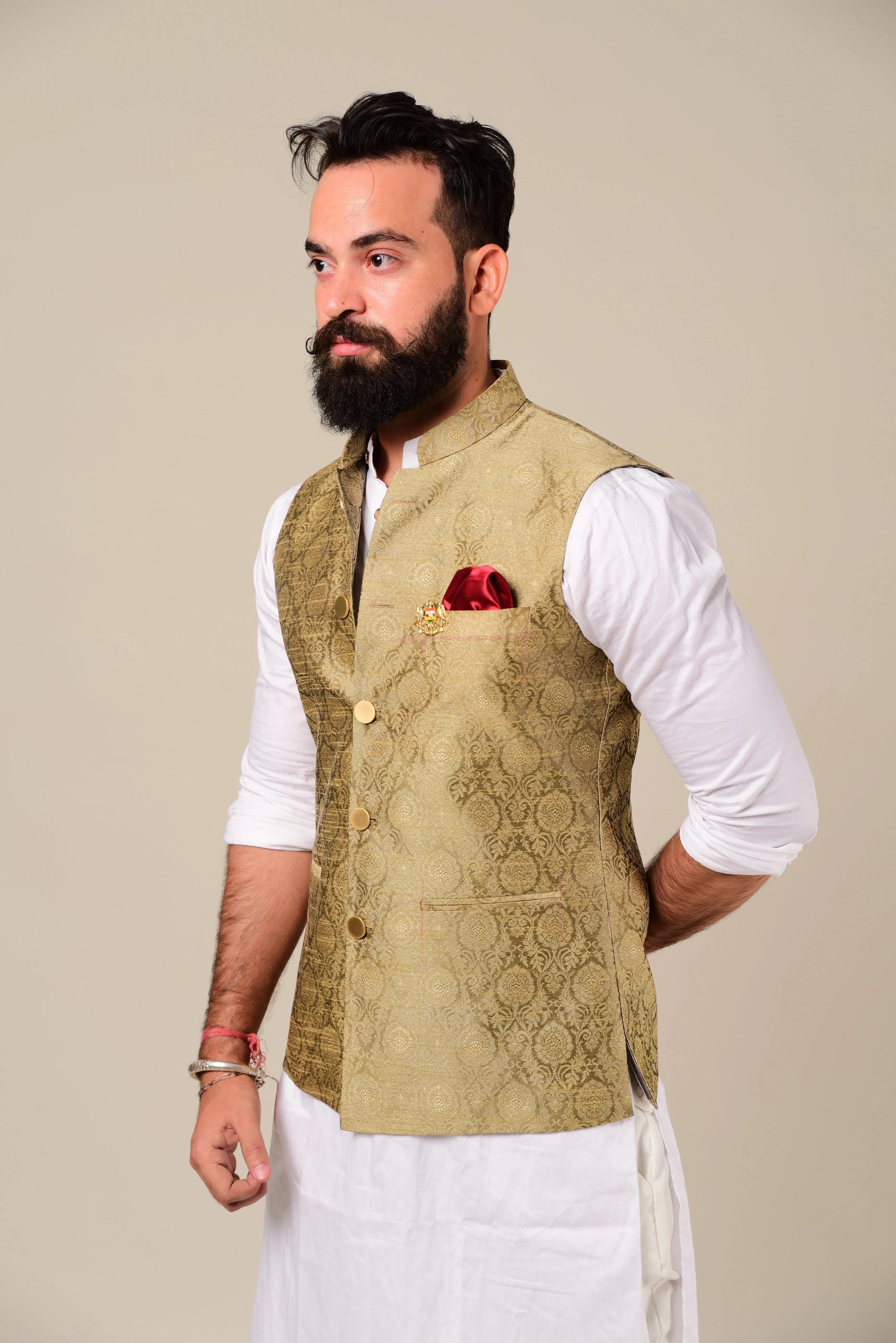 Handmade Royal Gold Kurta Pajama Nehru Modi Jacket Set
