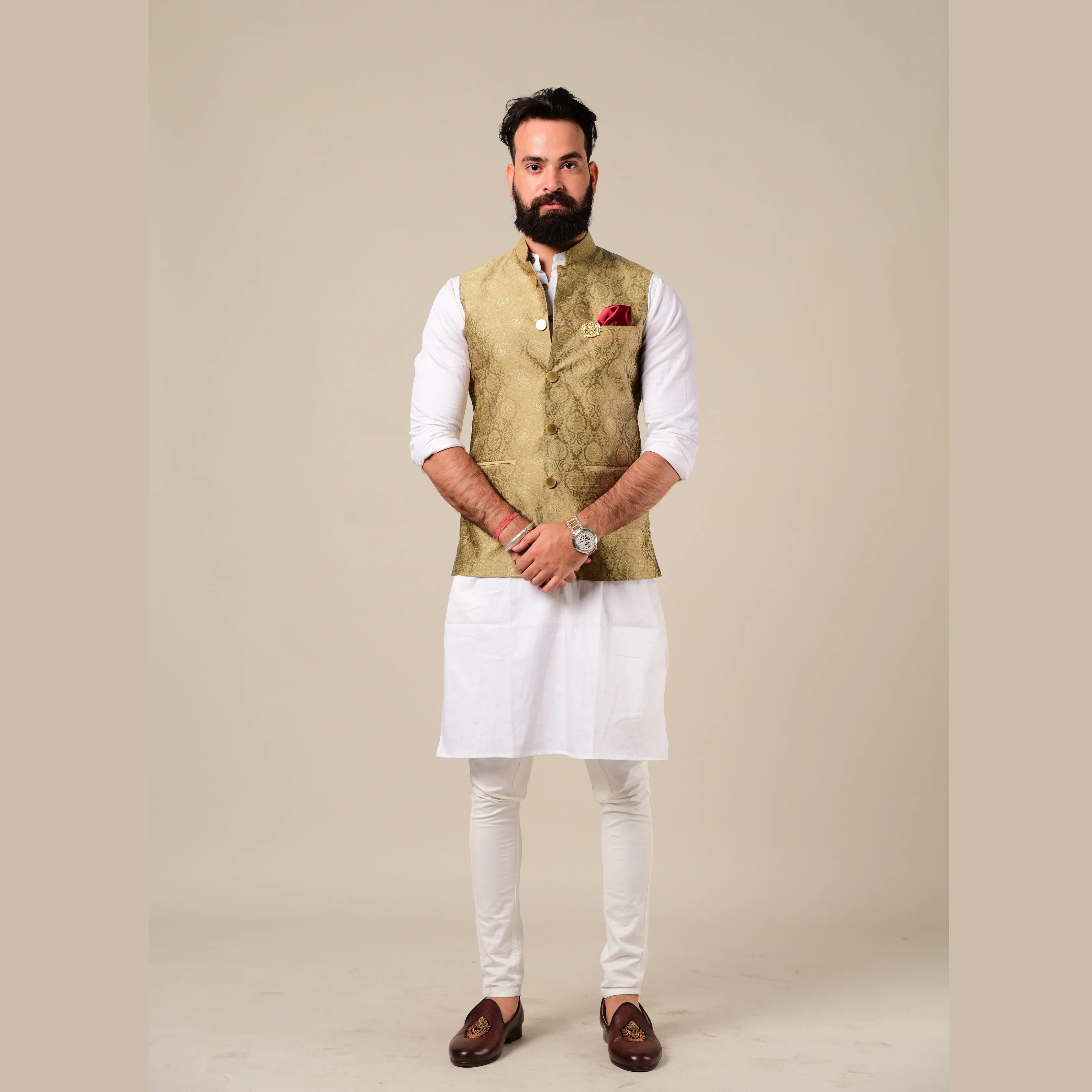 Handmade Royal Gold Kurta Pajama Nehru Modi Jacket Set