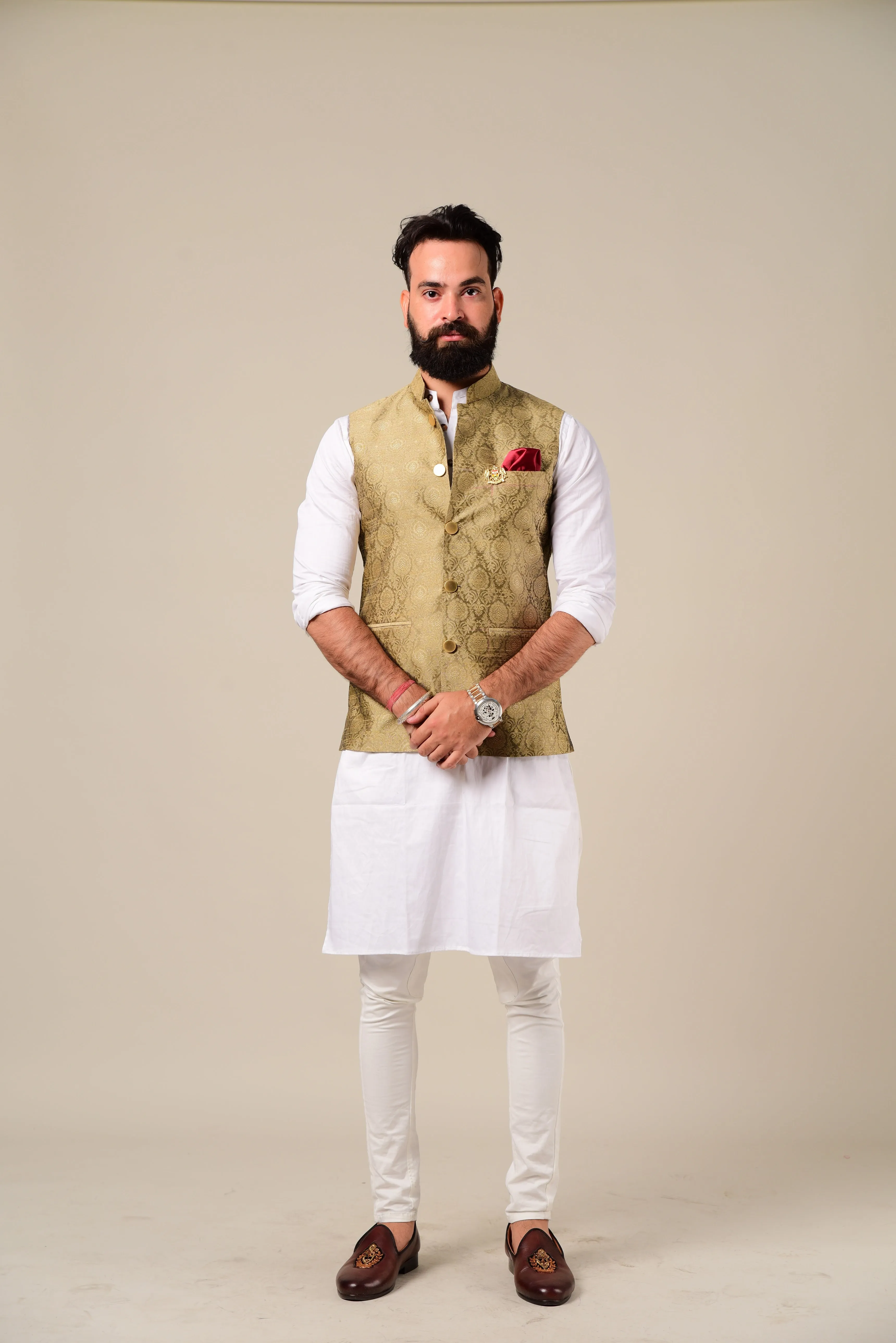 Handmade Royal Gold Kurta Pajama Nehru Modi Jacket Set